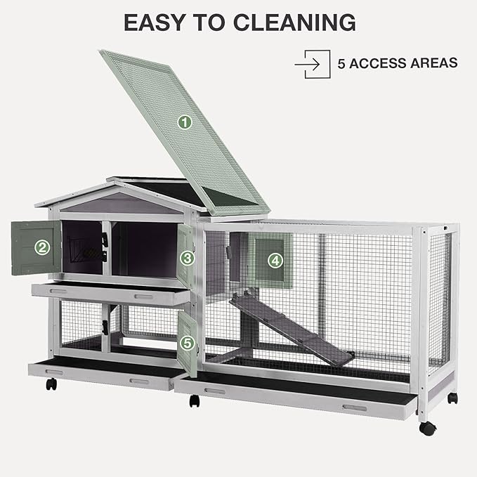 2-Story Indoor Rabbit Hutch with Chew-Proof Outdoor Rabbit Cage with 6 Locking Casters Bunny Cage 2 Pull-Out Trays Guinea Pigs Cage 62"