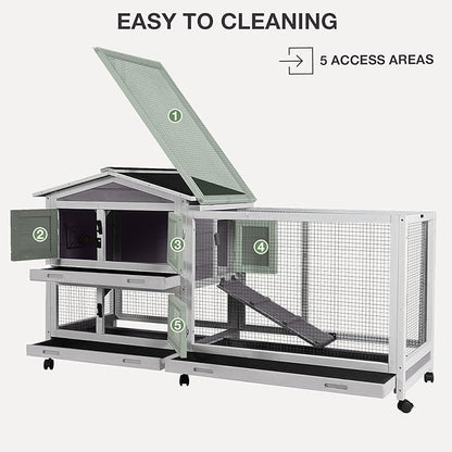 2-Story Indoor Rabbit Hutch with Chew-Proof Outdoor Rabbit Cage with 6 Locking Casters Bunny Cage 2 Pull-Out Trays Guinea Pigs Cage 62"