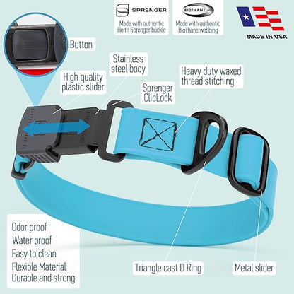 Dogline Biothane Waterproof Dog Collar with Herm Sprenger Black Stainless Steel Quick Release Buckle – Heavy Duty Tactical Durable Collar for Dogs – Comfortable and Safe Pet Collar W1 L15-25 SkyBlue