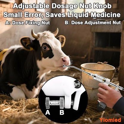 30ML Veterinary Metal Feeding Gun, Continuous Drench Gun Dosing Device Veterinary Adjustable Medicine Dispenser Husbandry Autonomous Feeding Tool, for Pig Cow, Sheep, Horse (White Color, 30ML+Kettle)