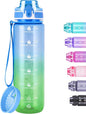 32oz Motivational Water Bottles with Time Marker & Fruit Strainer, Transparent Gradient Color Water Bottle with Times to Drink, Leakproof & BPA Free, Reusable Bottle with Strap (No Straw)