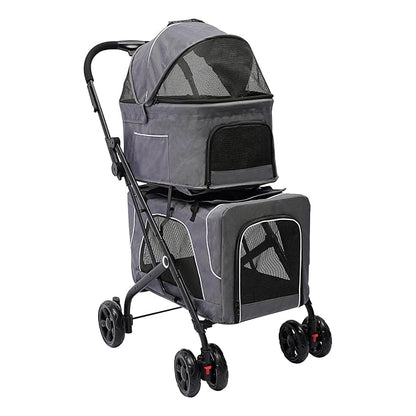 2 Tiers Pet Stroller,4 Wheel Dog Stroller Cat Strollers,3.07lbs Pet Gear Foldable Jogger Travel Cart,Grey Cat Carrying Cart with Storage Basket for Small Medium Pet (Grey)