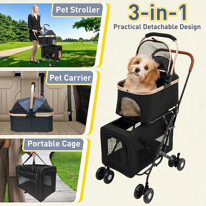 Double Pet Stroller for 2 Dogs or Cats, Folding Dog Stroller with 2 Detachable Carrier Bags, Safety Belt, 4 Lockable Wheels, Separate Compartments, for Multi-Pet Homes (Black)