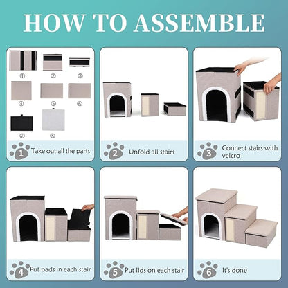 Dog Steps for Bed and Couch, 17”H Foldable Dog Stairs for Small Older Dogs Cats, Adjustable Pet Cat Stairs Ramps with Storage with Condo, Scratcher, Hold Up to 180LBS, Pet Cat Steps Beige