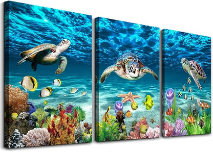 AHUASJART Canvas Wall Art for Living Room family Wall decor for Bedroom Bathroom Wall Decoration blue Ocean Sea Turtle Paintings Modern shark Pictures Artwork office Ready to Hang 12" x 16" 3 Piece