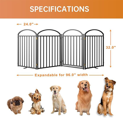 4 Panles Full Matel Freestanding Dog Gates with Door, 96"Extra Wide 32"Tall Free Standing Dog Pet Gate for Indoor & Outdoor. Foldable Pet Fences for Doorways, House, Stairs, Porch, Deck, Yard