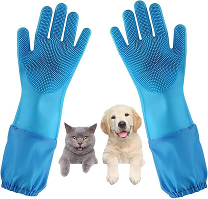 Dog Washing Gloves, Pet Grooming Gloves with Soft Brushes, Bathing and Massaging for Dogs and Cats, Silicone Heat Resistant Cleaning Gloves with High-Density Teeth (Blue)