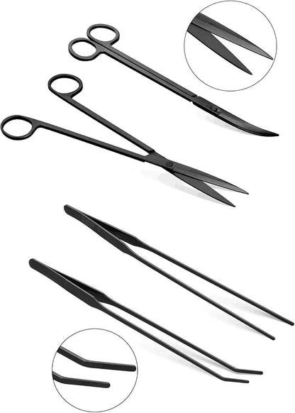 Aquascaping Tools 7 in 1 Kit Aquarium Plant Scissors Tools Set Curved & Waved Scissor Tweezers Spatula Stainless Steel Anti Rust Tools for Aquascape Black