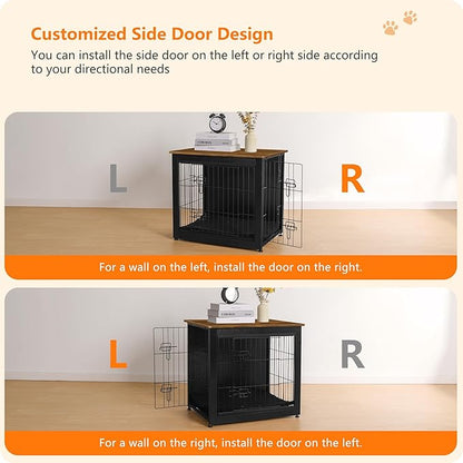 DWANTON Dog Crate Furniture with Cushion, Wooden Kennel Table with Double Doors, Indoor Dog House, Small/Medium/Large Size, 27.2" L, Black+Warm Brown