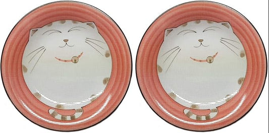 JapanBargain 2476, Set of 2 Japanese Round Porcelain Appetizer Plate for Dessert Cake Snack Maneki Neko Smiling Lucky Cat Pattern for Cat Lovers Made in Japan, 6.5-inch, Pink