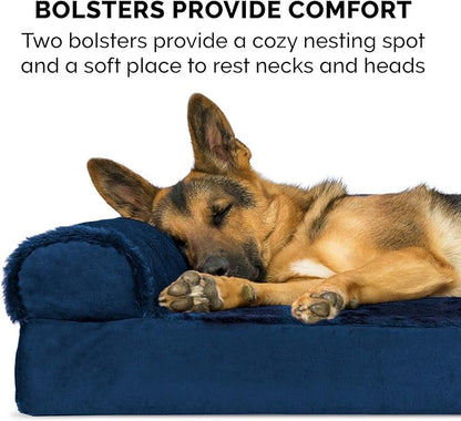 Furhaven Cooling Gel Dog Bed for Large Dogs w/ Removable Bolsters & Washable Cover, For Dogs Up to 125 lbs - Plush & Velvet L Shaped Chaise - Deep Sapphire, Jumbo Plus/XXL