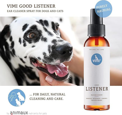 animaux vimi Ear Cleaner Good Listener - Ear Cleaner Spray for Sensitive Dog Ears - Ear Care with Camomile, Calendula & Witch Hazel - for Thorough & mild Cleaning - 3.38 Fl Oz