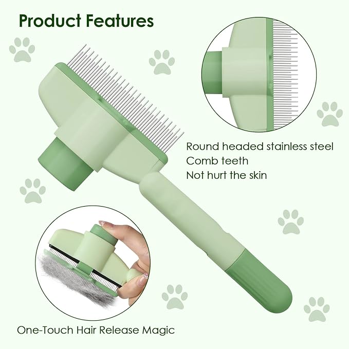Flea Comb for Cat Hair Removal Comb, 2025 New Self-Cleaning Flea Brush for Cats and Dog, Comfort Cat Hair Removal Tool with Long & Short Stainless Steel Metal Grooming Brush(Green)