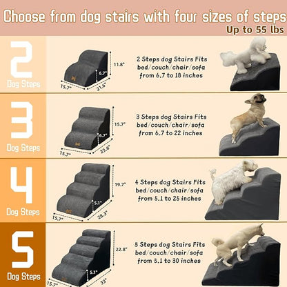 3-Step Dog Stairs for High Beds & Couches Multi-Step Non-Slip Pet Steps with Balanced Ramp Indoor 2 3 4 5 Step Stairs for Small to Large Dogs and Cats Non-Slip Stickers 30D Grey