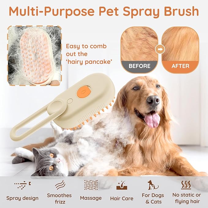 GKZ Cat Steam Brush, 3 in 1 Pet Comb for Massage, Cleaning, Shedding and Combing, Electric Mist to Prevent Flyaways for Home, Dogs and Cat Lovers - Khaki