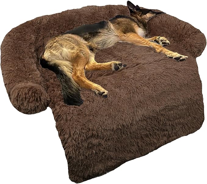 GGIB Calming Dog Bed Fluffy Plush Dog Mat for Furniture Protector with Removable Washable Cover for Large Medium Small Dogs and Cats (Large, Coffee)