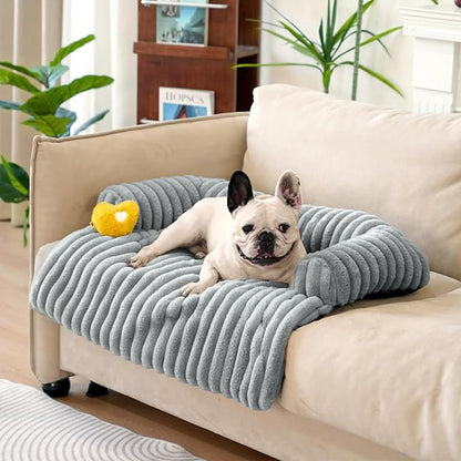 FUNNY FUZZY Pet Couch Cover for Sofa, Calming Dog Bed for Couch, Fluffy Plush Dog Couch Mat for Furniture Protector for Medium Dogs and Cats, 33×28 in, Mist Grey