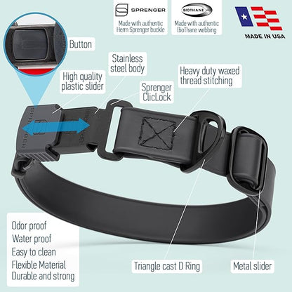 Dogline Biothane Waterproof Dog Collar with Herm Sprenger Black Stainless Steel Quick Release Buckle – Heavy Duty Tactical Durable Collar for Dogs – Comfortable and Safe Pet Collar W3/4" L12-19 Black