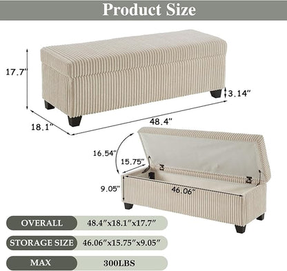 48" Ottoman with Storage, Corduroy Storage Ottoman Bench for Bedroom, End of Bed Bench with Safety Hinge for Living Room, Bedroom, Entryway, Beige