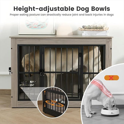 Gardner Pet Dog Crate Furniture for Medium Dogs, 38.8 Inch Dog Kennel Indoor, Wooden Dog Cage End Table with 2 Removable Bowls, Heavy Duty Dog Crate, Rustic Grey