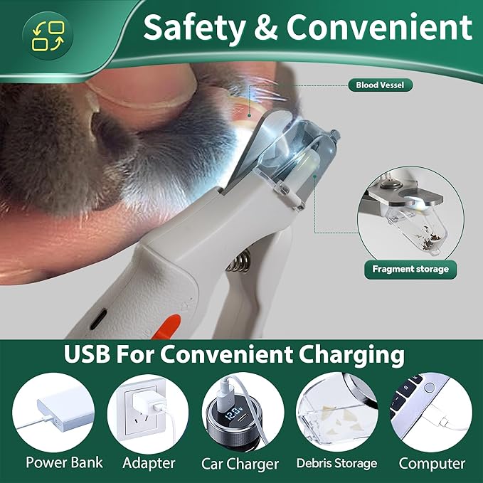 2 in 1 Dog Nail Clippers & Cat Nail Clippers Trimmers for Large Medium Small Dogs Cats Claw Trimmer Quick Sensor and Safety Guard USB Rechargeable Dogs Nail Trimmer with Catcher & 2 LED Lights