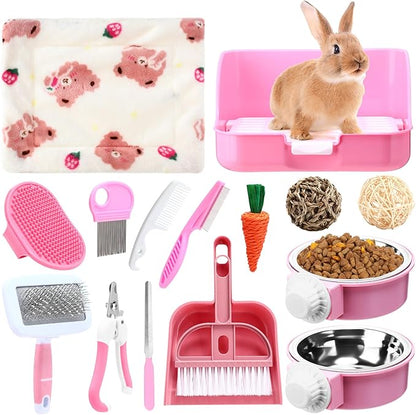 15 Pcs Rabbit Starter Kit Small Rabbit Litter Box Animal Grooming Kit Bunny Toys Bowl Blankets with Cleaning Set for Guinea Pig Accessories(Pink)