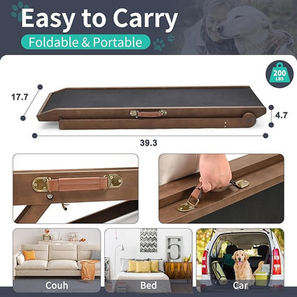 Dog Ramp, Adjustable Height Wooden Folding Pet Ramp for Bed, Couch,SUV-High Traction, Portable Paw Ramps for Small & Large Old Dogs & Cats - Furniture Quality