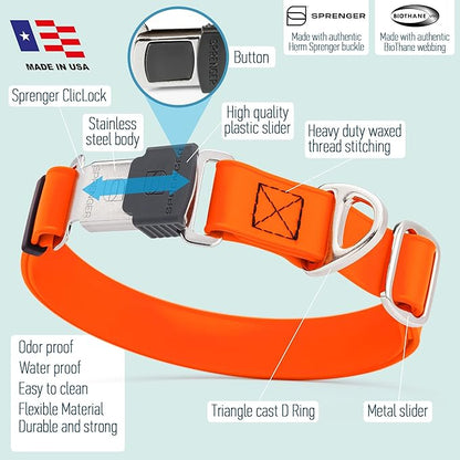 Dogline Biothane Waterproof Dog Collar with Herm Sprenger Stainless Steel Quick Release Buckle – Heavy Duty Tactical Durable Collar for Dogs – Comfortable and Safe Pet Collar, W 3/4" L 12-19", Orange