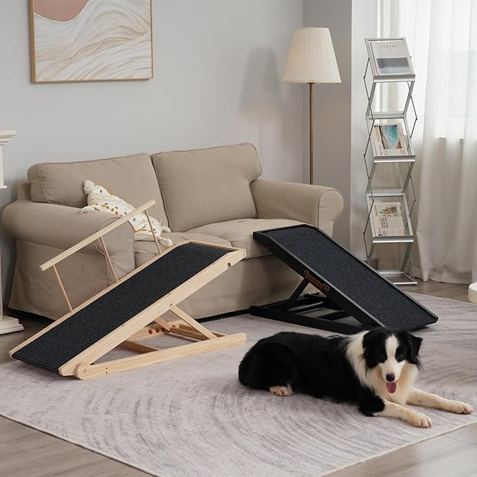 Dog Ramp for Bed, Dog Stairs for Small and Large Dogs, Portable Dog Steps for Bed, Couch, Car, Adjustable Pet Ramp, Anti-Slip Traction Mat Pet Steps, Support up to 210 lbs (Log Color, LENTH-55.1IN)