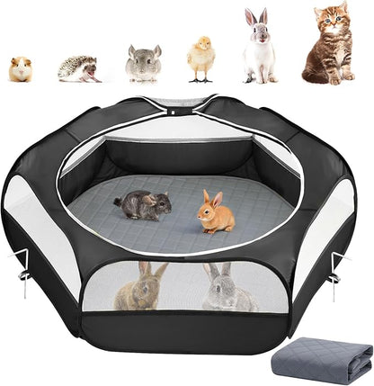2-in-1 Small Animals Playpen with Pad, Waterproof Small Pet Cage Tent with Reusable Pad, Portable Outdoor Yard Fence with 3 Metal Rod for Chick/Kitten/Puppy/Guinea Pig/Rabbits/Chinchillas, Black