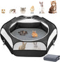 2-in-1 Small Animals Playpen with Pad, Waterproof Small Pet Cage Tent with Reusable Pad, Portable Outdoor Yard Fence with 3 Metal Rod for Chick/Kitten/Puppy/Guinea Pig/Rabbits/Chinchillas, Black
