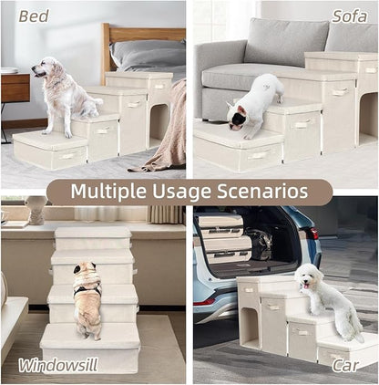 Dog Stairs with Storage, Folding Pet Steps with Zip for Small Dogs and Cats, 4-Step Pet Stairs with Pet House for High Bed, Couch and Car Ramp, Up to 200 Lbs (Beige, 4 Steps with Condo)
