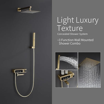 10" Square Rainfall Bathtub and Shower Trim Systems with Rotating Handheld Sprayer, Foldable Tub Spout, Wall-Mounted, Solid Brass Valve with Shampoo Platform- Brushed Gold (Square, Brushed Gold)