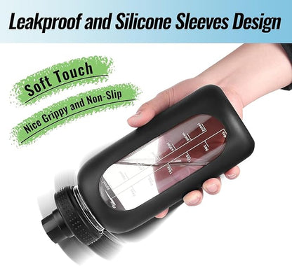 64 oz Glass Water Bottle With Straw and Handle, Half Gallon Sports Motivational Water Jug Flask with Silicone Sleeve, Large Water Cup with Time Marker for Travel, Gym, Beige