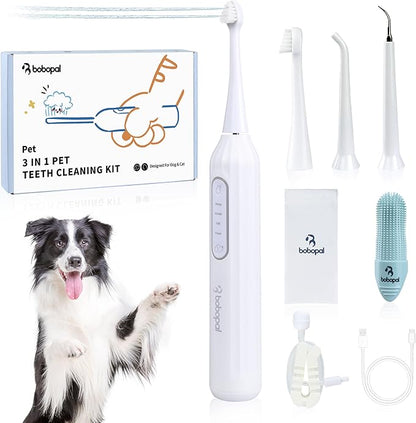 Dog Tooth Brushing Kit,3-in-1 Dog Teeth Cleaning Tools,Ultrasonic Electric Toothbrush & Plaque Remover for Dogs with Water Flosser for Teeth,2 Modes & 3 Intensity Levels,IPX7,1100mAh Battery