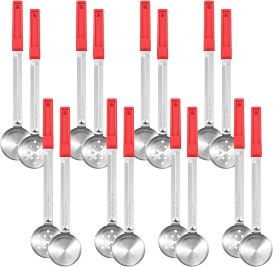 16 Pcs Portion Control Serving Spoons, Restaurant Measuring Serving Ladle Utensils, Portion Control Slotted Scoops for Weight Loss, Solid and Perforated Scoops(Red,2 oz)