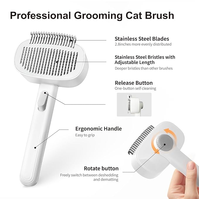 2-in-1 Deshedding Brush & Dematting Comb for Cats, Cat Brush for Long Haired Cats, Effectively Removes Matted Fur & Tangles, White