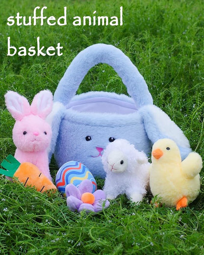 7 Piece Plush Stuffed Animals Playset Toys with Rabbit, Chick, Lamb, Carrot, Egg, Flower, Furry Bag, Soft Basket Set Toys for Girls Kids Ages 3+, Birthday Christmas Valentines Easter Party Favors