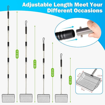 10inch Large Metal Chicken Poop Scooper,32 to 67" Adjustable Long Chicken Coop Litter Scoop,Heavy Duty Sifting Shovel for Chicken Coop & Pet Waste Cleaning