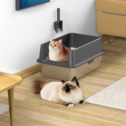 2PACK Stainless Steel Cat Litter Box with High Sides Lid, Extra Large XL Litter Box for Big Cats, Metal Kitty Litter Boxes with Anti-Leakage Enclosure,Non-Stick,Odorless,Scoop Included