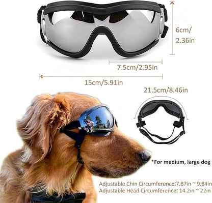 Dog Sunglasses for Large and Medium Breed, Dog Goggles for Large Dogs, Sun Protection, Windproof, Waterproof, Dustproof and Anti-Fog with Adjustable Strap for Driving, Motorcycle, Black