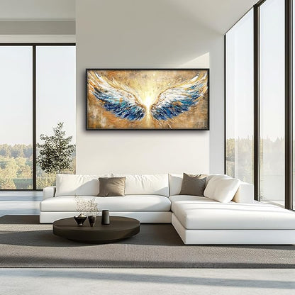 Extra Large Angel Wings Framed Wall Art for Living Room,Oversized Golden Wings Pictures Wall Decor,Holy Gold Blue Canvas Print Painting Modern Artwork Bedroom Office Bathroom 60L" x 30W"