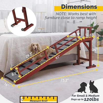 Dog Ramp for Bed or Couch, Wooden Pet Ramp with 20° Gentle Slope, Removable Side Rails, Non-Slip Surface, Top Platform & Wheels, Safe Bed Ramp for Small, Medium & Senior Dogs, 74" Long, Mahogany
