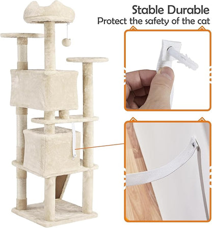 Yaheetech 62in Cat Tree Cat Tower for Indoor Cats, Cat Furniture w/Double Cat Condo, Scratching Posts, Multiple Platforms and Balls for Kittens & Cats, Beige