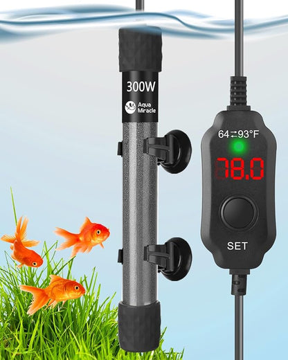 AquaMiracle Adjustable 300W Aquarium Heater Submersible Fish Tank Heater Super Short Aquarium Heater with LED Digital Display Thermostat, for Tanks 40-60 Gallons