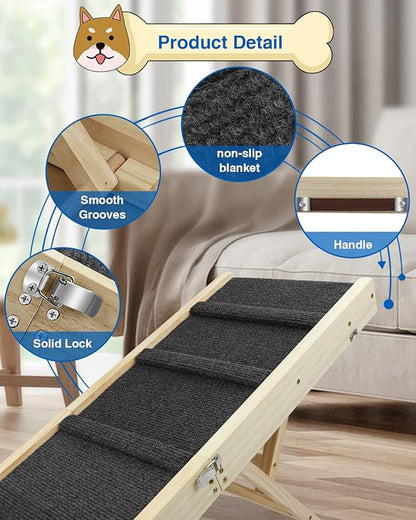Adjustable Dog Ramp, Wooden Folding Portable Pet Ramp,Rated for 30 LBS, 32.6" Long and Adjustable from 10" to 19" with Non-Slip Traction Mat, Dog Step for Bed, Couch,Car (Grey)