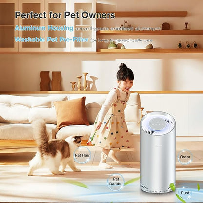 Aluminum Housing Air Purifiers for Home Bedroom Cover 1375ft². Washable Pre-Filter HEPA Air Purifier for Pets Hair Dander Odors, Filter 99.99% Smoke Dust Dander Pollen, Night Light Sleep Mode
