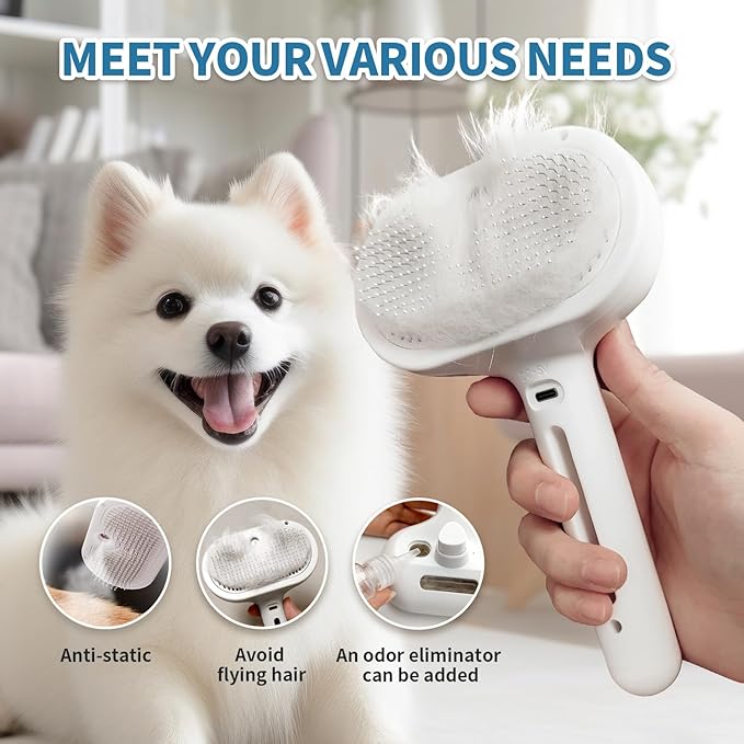3 In 1 Self Cleaning Steamy Pet Brush - Anti-Static, Grooming Tool for Long and Short Hair Pets, Removes Loose Hair and Reduces Shedding, White