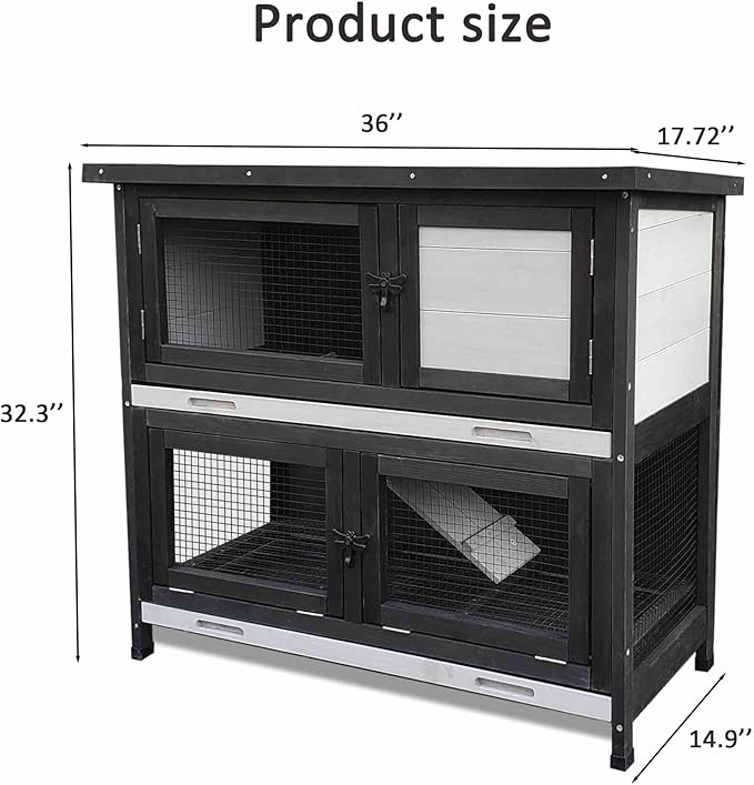 Double Level Solid Wood Rabbit Hutch Small Animal Cage for Rabbits, Guinea Pigs, Hedgehogs & Lizards Indoor/Outdoor– 2-Tier Eco-Friendly Habitat with Bedding Area, Durable & Easy to Clean