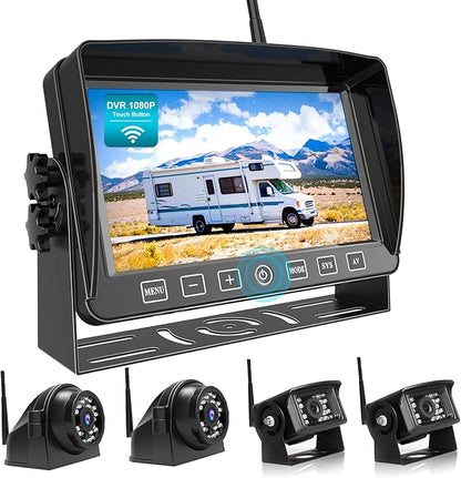 Fookoo HD 7" Wireless Backup Camera System, 1080P 7" Quad Split Screen Monitor, IP69 Waterproof Side Rear View Cameras, Parking Lines, Loop Recording, Digital Signal for RV/Trailer/Truck/Bus (DW7T4)